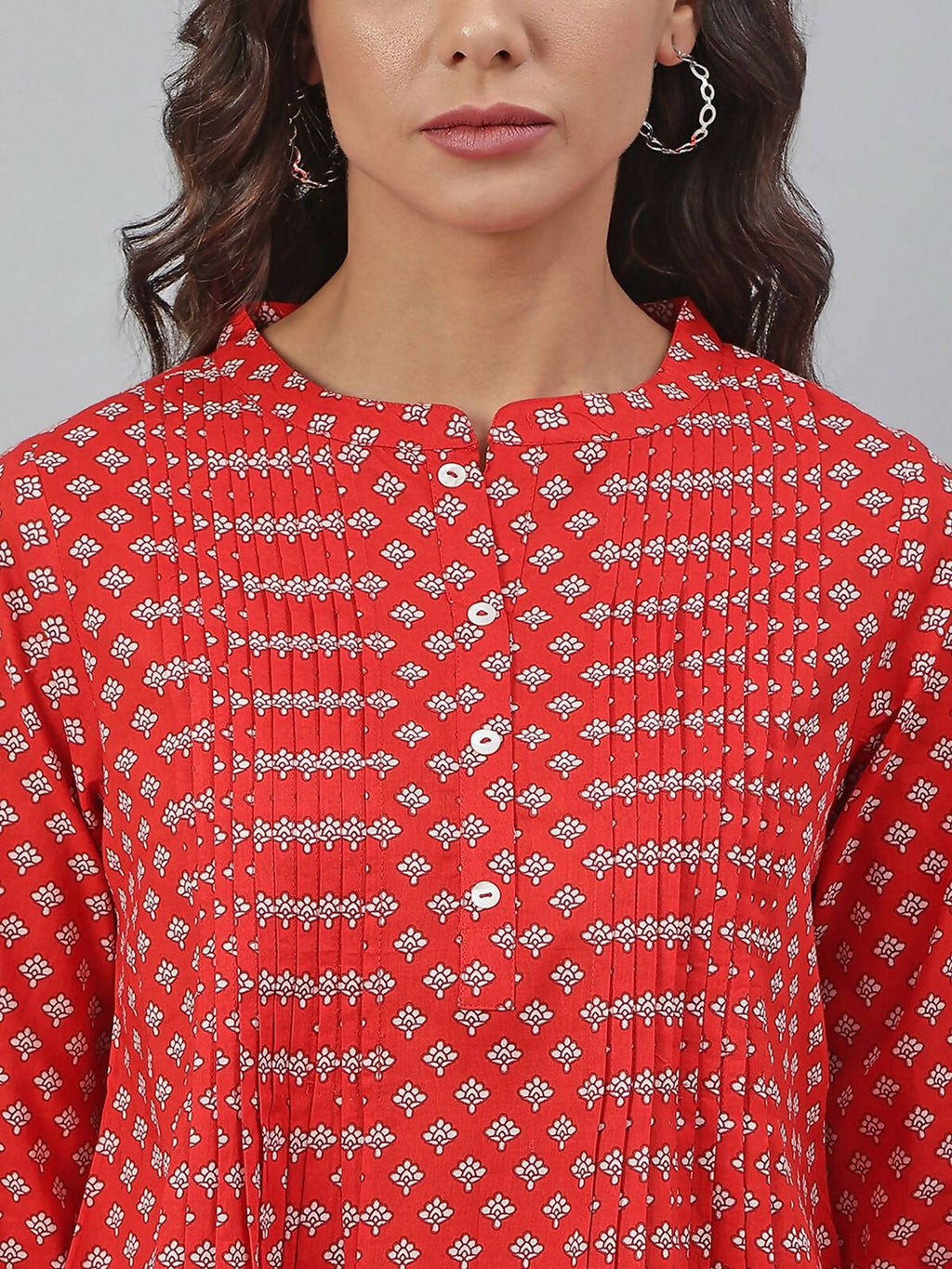 Janasya Women's Red Cotton Floral Print Flared Top | Grocsy