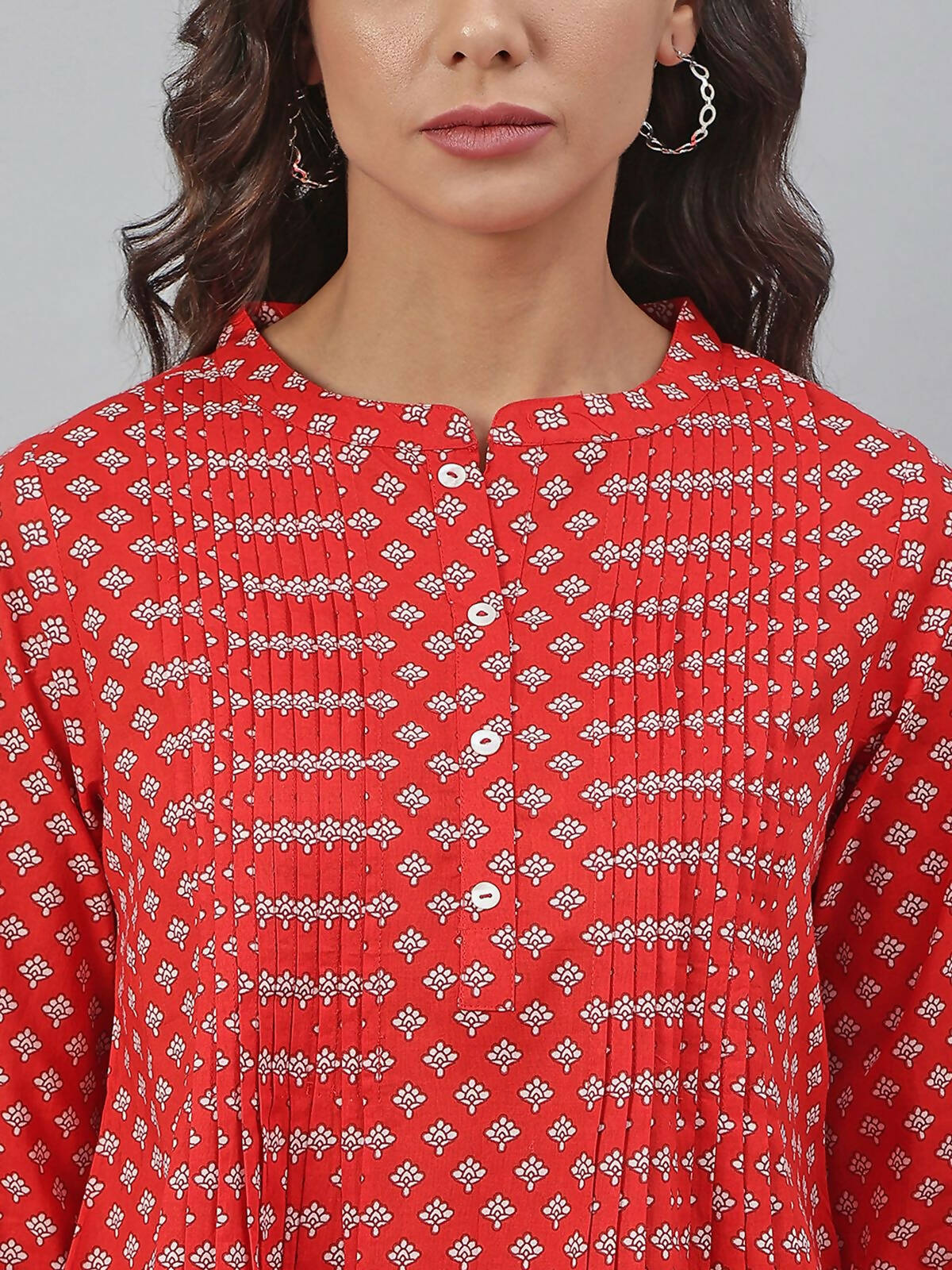 Janasya Women's Red Cotton Floral Print Flared Top | Grocsy