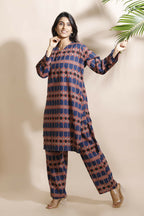 Breathables Women'S Blue Cotton Abstract Print Loungewear Co-Ord Set – Long Kurta & Pants | Grocsy