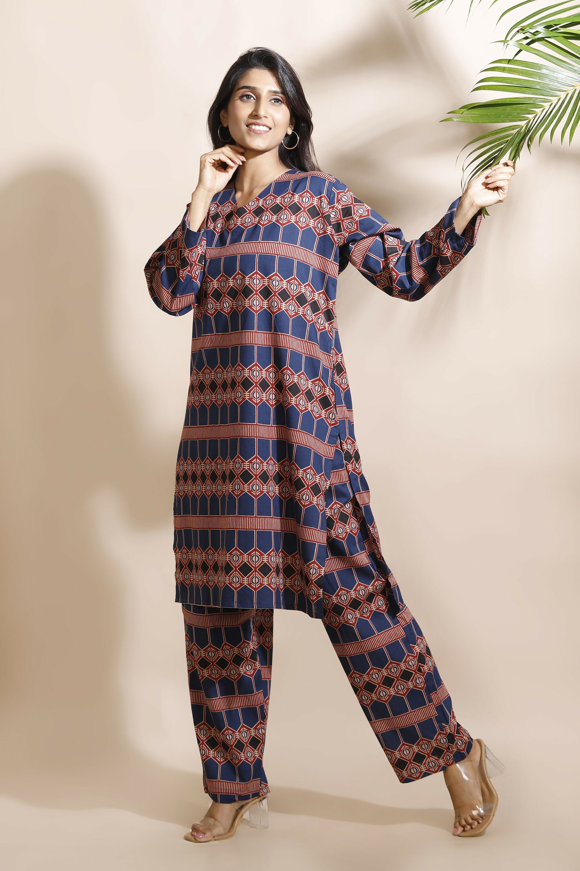 Breathables Women'S Blue Cotton Abstract Print Loungewear Co-Ord Set – Long Kurta & Pants | Grocsy