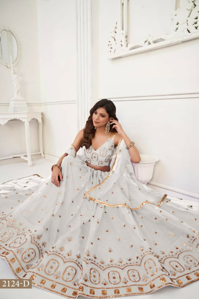 Aastha Fashion Off White Butterfly Net Tone To Tone Thread Work And Sandwich Sequence Work Embroidery Wedding Wear Lehenga Choli | Grocsy