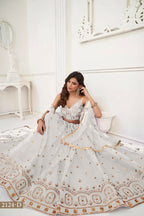 Aastha Fashion Off White Butterfly Net Tone To Tone Thread Work And Sandwich Sequence Work Embroidery Wedding Wear Lehenga Choli | Grocsy