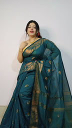 Exclusive Collection Beautiful Green Cotton Silk Woven Handloom Saree With Running Blouse Piece | Grocsy