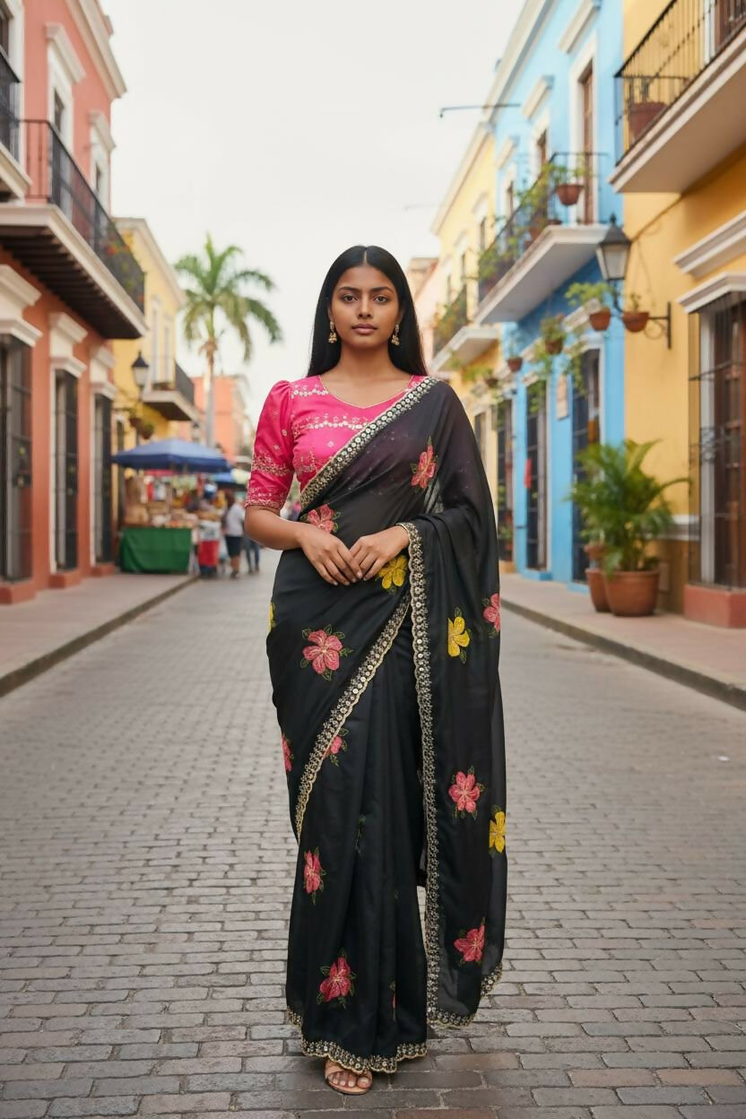 Teeya Creation Black Rangoli Silk Embroidery Work Party Wear Designer Saree | Grocsy