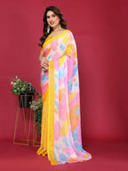 PR Fashion Yellow Moss Chiffon Printed Saree | Grocsy