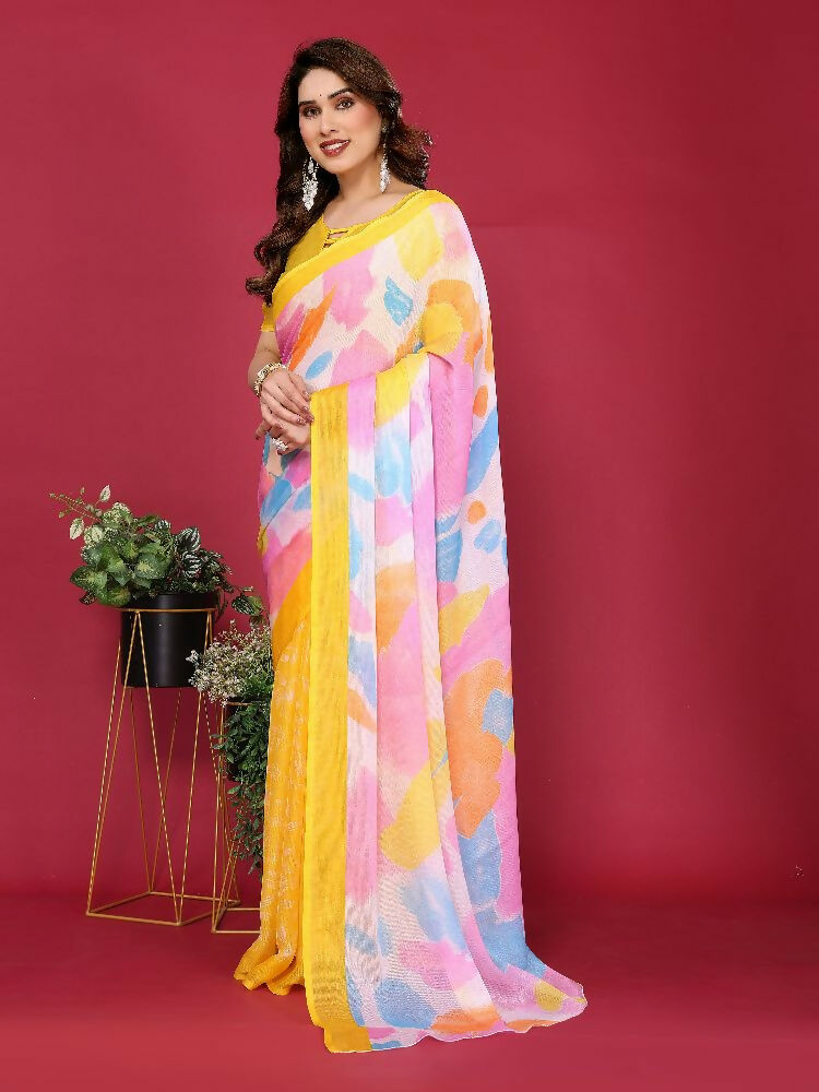 PR Fashion Yellow Moss Chiffon Printed Saree | Grocsy