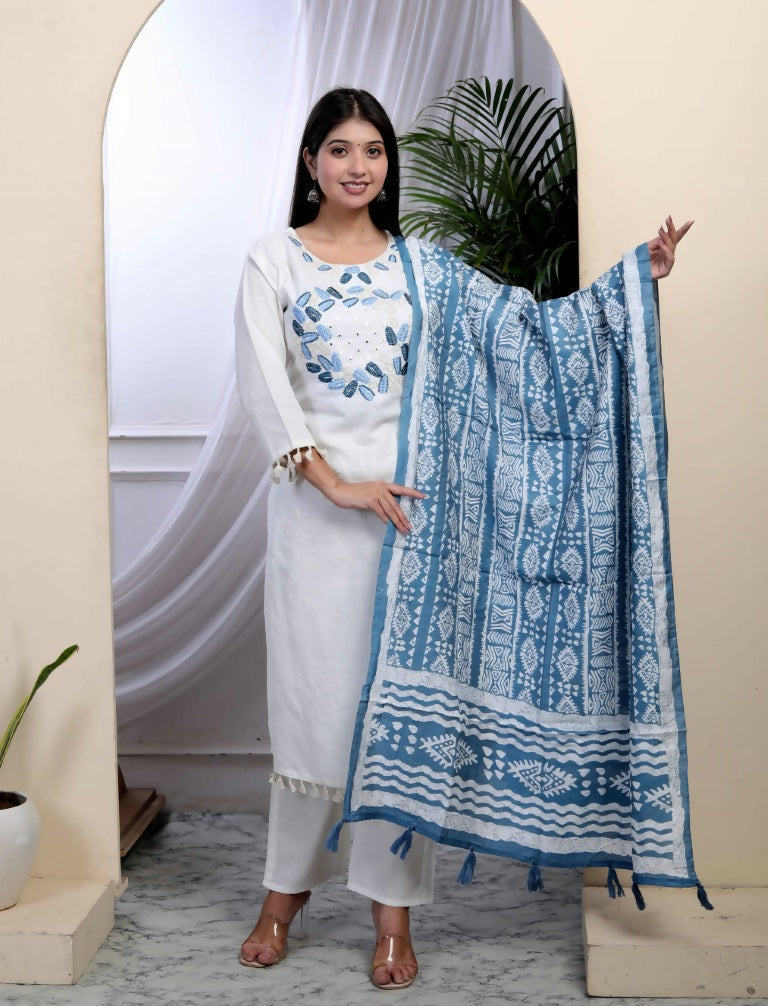 Miravan Women's White Cotton Thread Work Embroidered And Mirror Work Straight Kurta Palazzo With Dupatta Set | Grocsy
