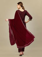 Jyoti Fashion Women's Maroon Silk Blend Embroidery & Sequence work Kurta with Trouser & Dupatta | Grocsy