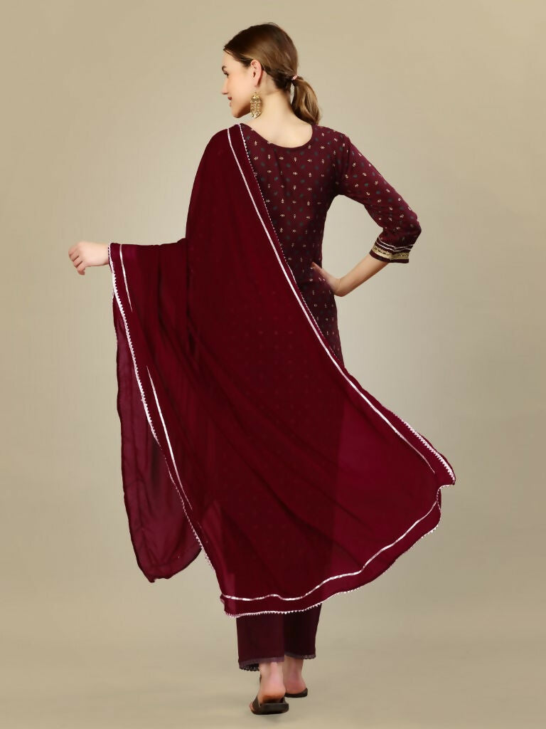 Jyoti Fashion Women's Maroon Silk Blend Embroidery & Sequence work Kurta with Trouser & Dupatta | Grocsy