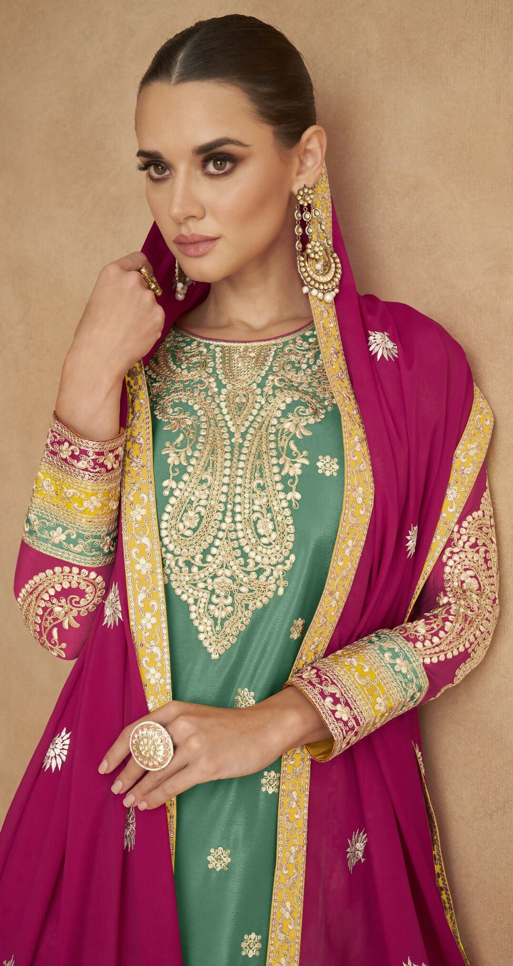 Anaita Sea Green Chiffon Suit with Embroidery Coding Sequence Work | Grocsy