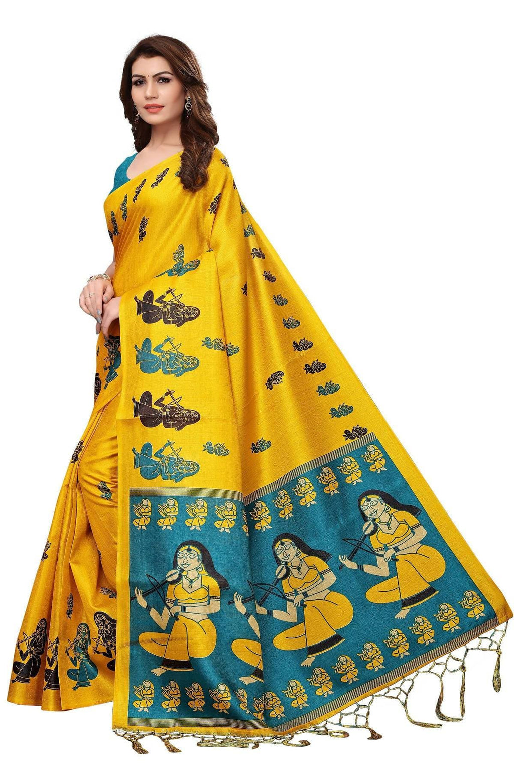 Vamika Yellow & Blue Kalamkari With Jhalar Khadi Silk Saree | Grocsy