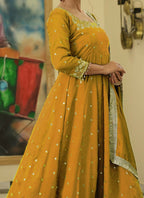 Teeya Creation Yellow Color Pure Vichitra Silk Embroidery Work Party Wear Gown | Grocsy