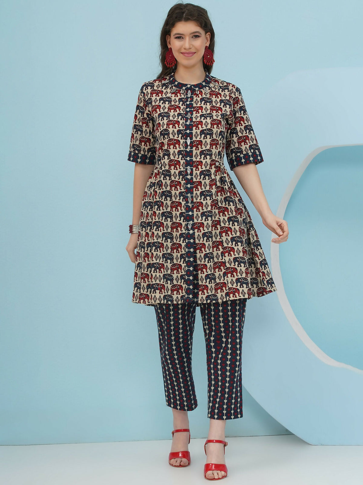 Joban Fashion Elephant Printed Co Ord Set - Beige | Grocsy