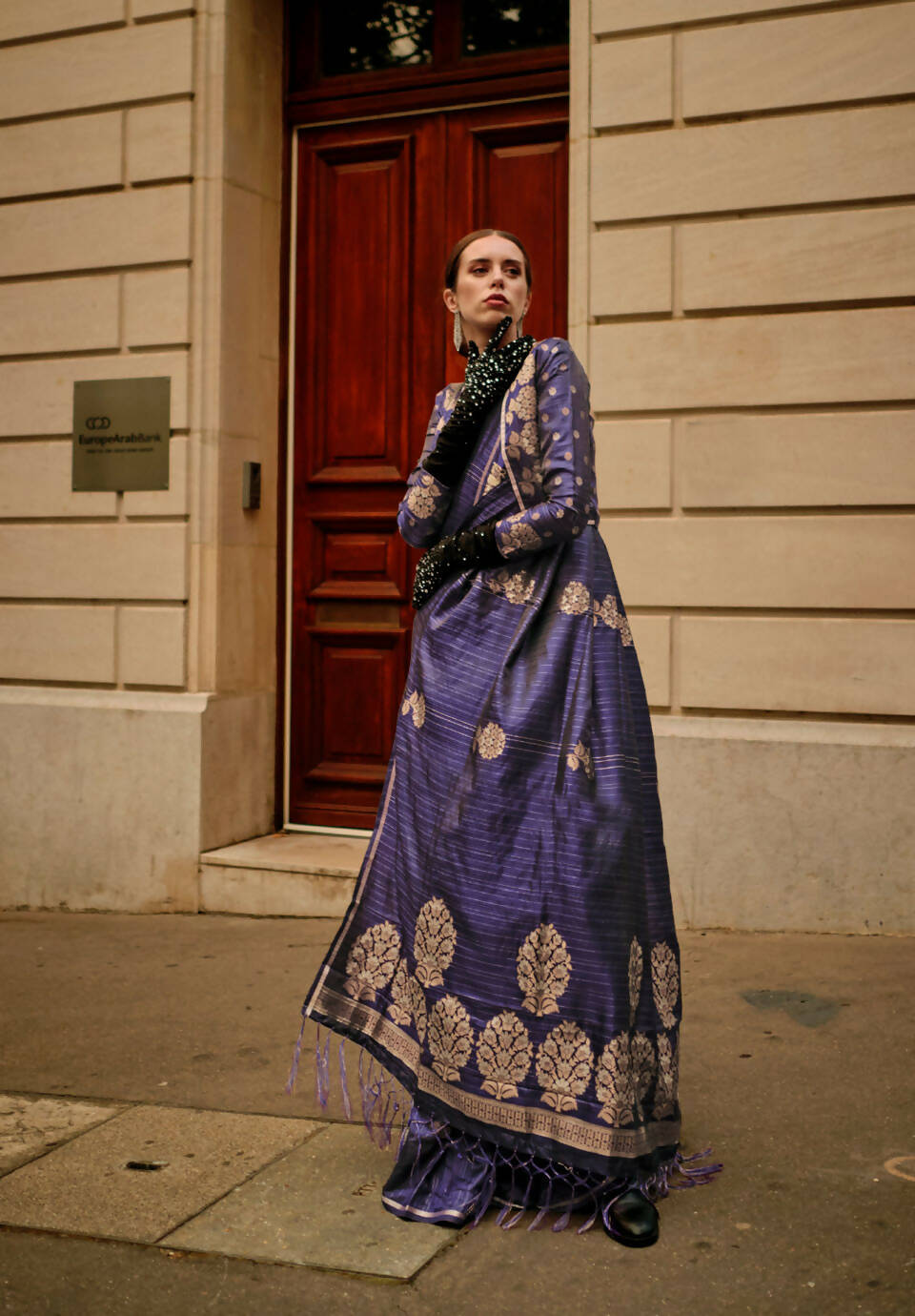 Navy Blue Weavead Thread & Zari Work, Handloom Weaving Banarasi Satin Silk Saree - Rajtex Kronicle Silk | Grocsy