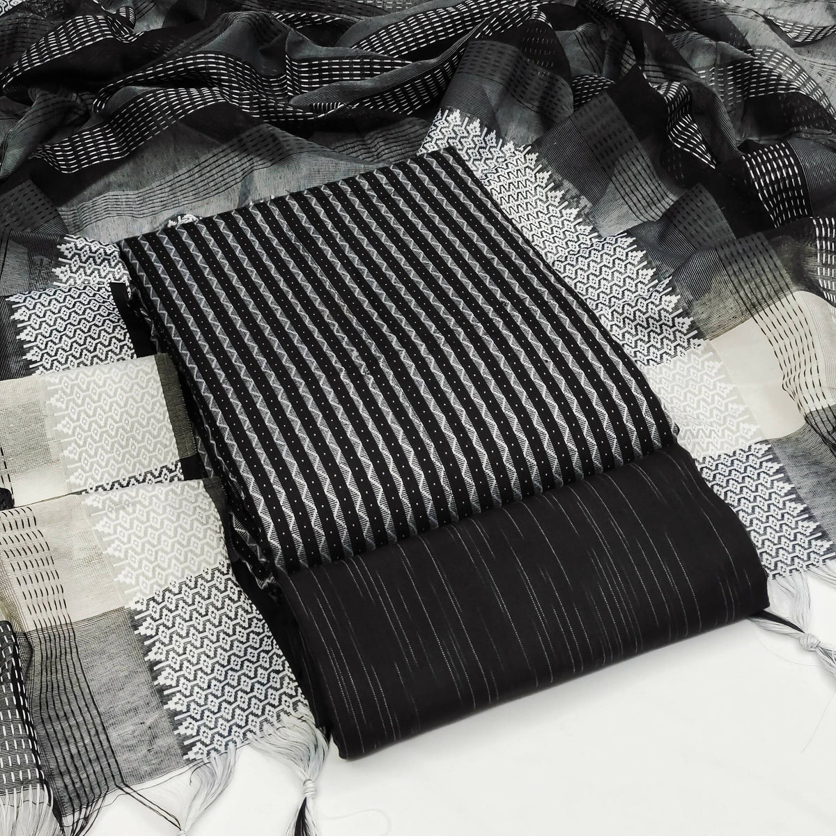 Black Cotton Jacquard Woven Unstitched Dress Material - Amara | Grocsy