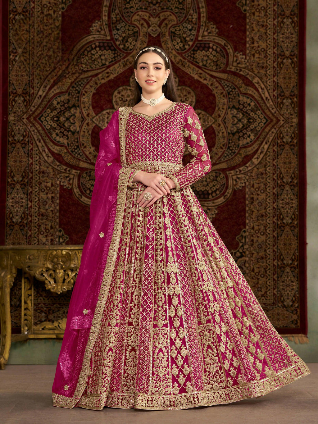 Anaita Rani Pink Embroidered Net Stitched Anarkali Suit | Grocsy