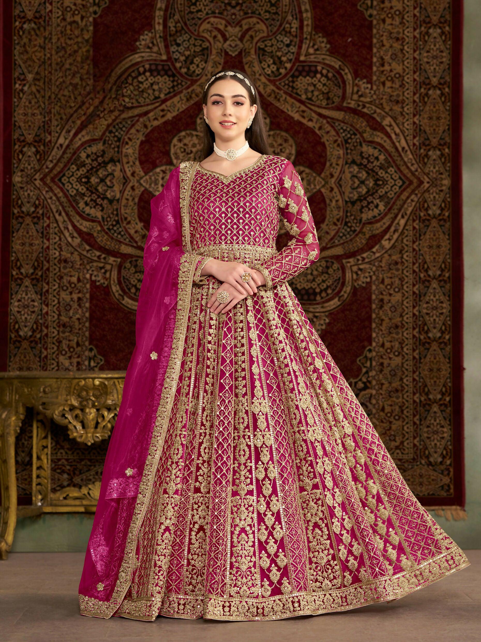 Anaita Rani Pink Embroidered Net Stitched Anarkali Suit | Grocsy