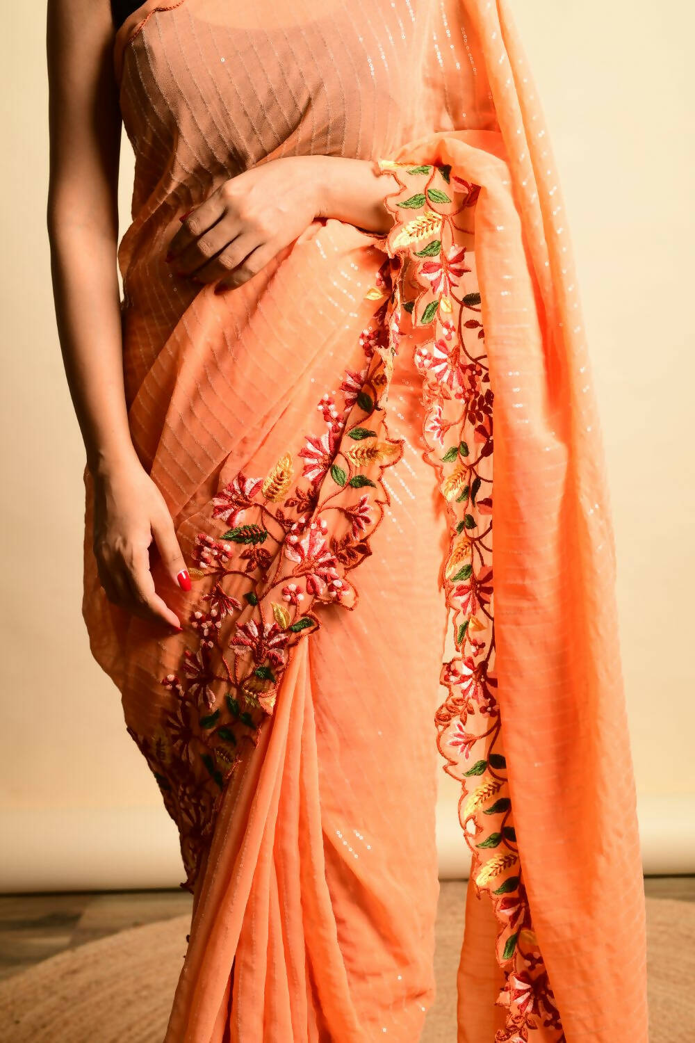 Vamsee Orange Georgette Designer Saree | Grocsy