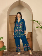 Joban Fashion Women Blue Roman Silk Embroidered Stitched Kurta Set | Grocsy