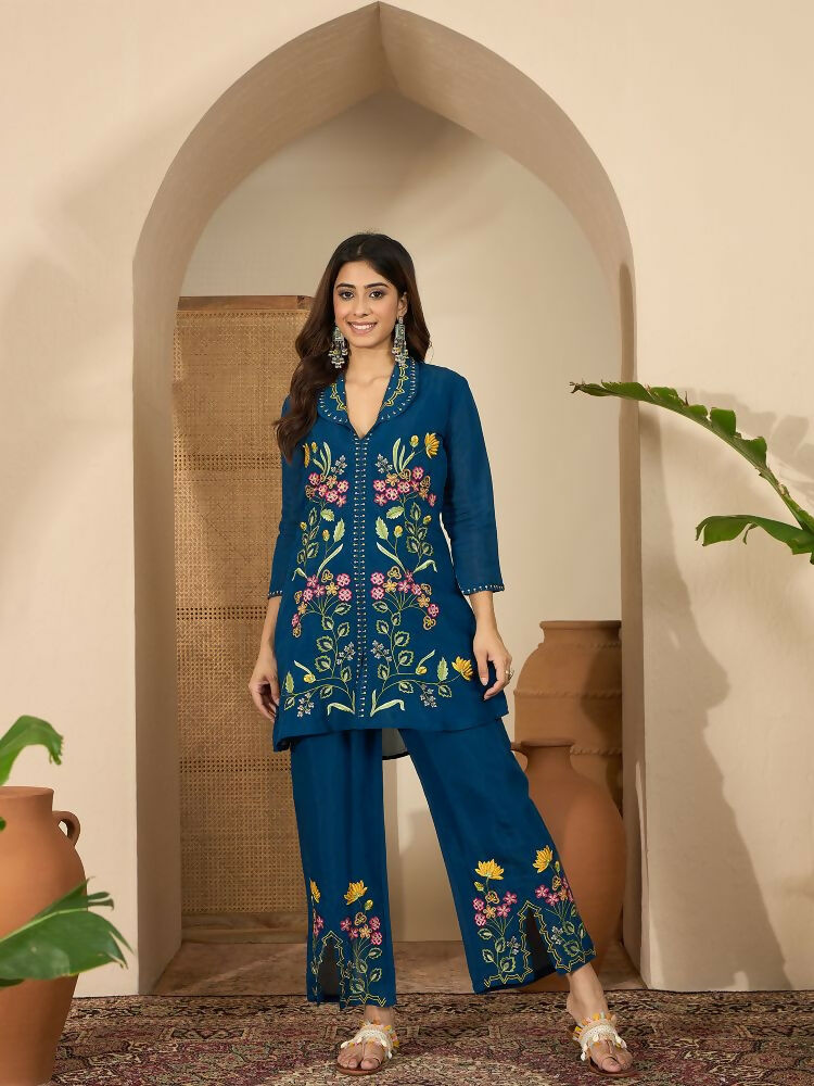 Joban Fashion Women Blue Roman Silk Embroidered Stitched Kurta Set | Grocsy