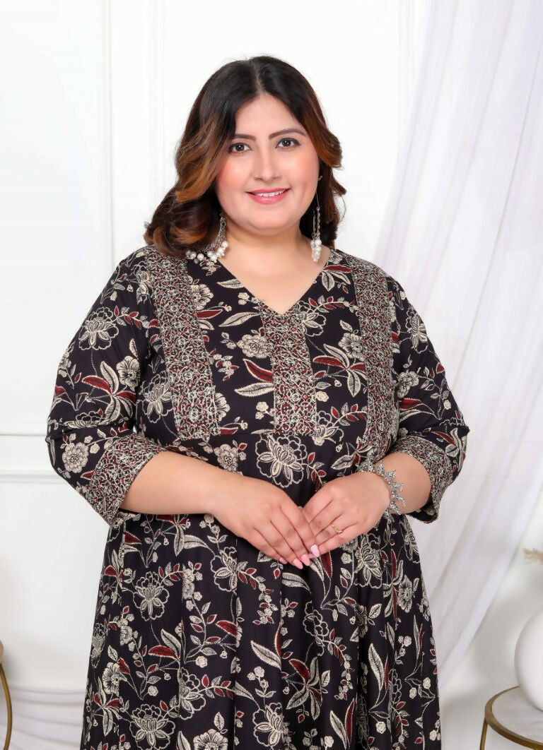 Miravan Women's Plus Size Yoke Embroidery Multi Anarkali Kurta and Palazzo Set | Grocsy