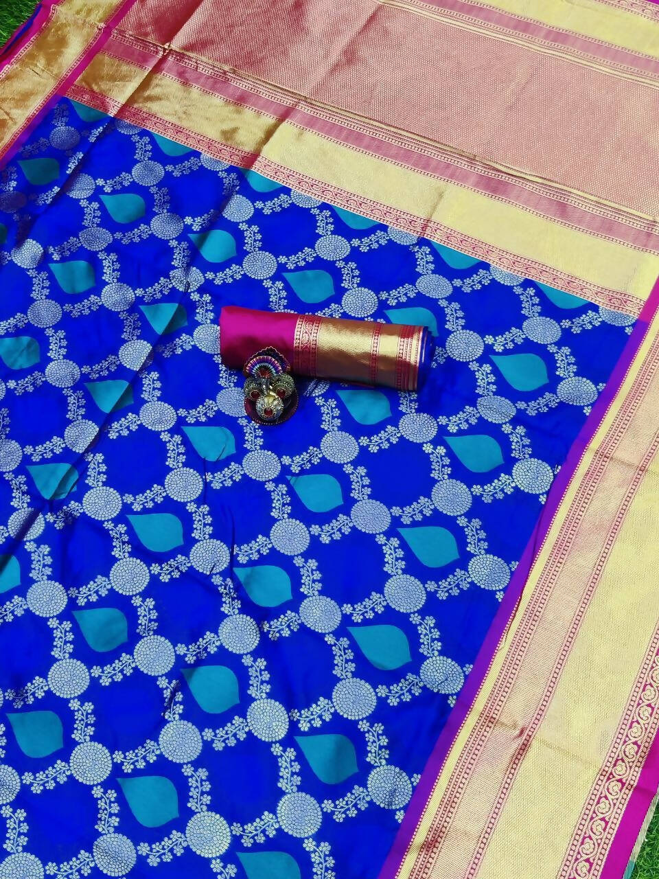 DEIANA'S Beautiful Designer Golden zari Soft Lichi Silk Saree - Royal Blue | Grocsy