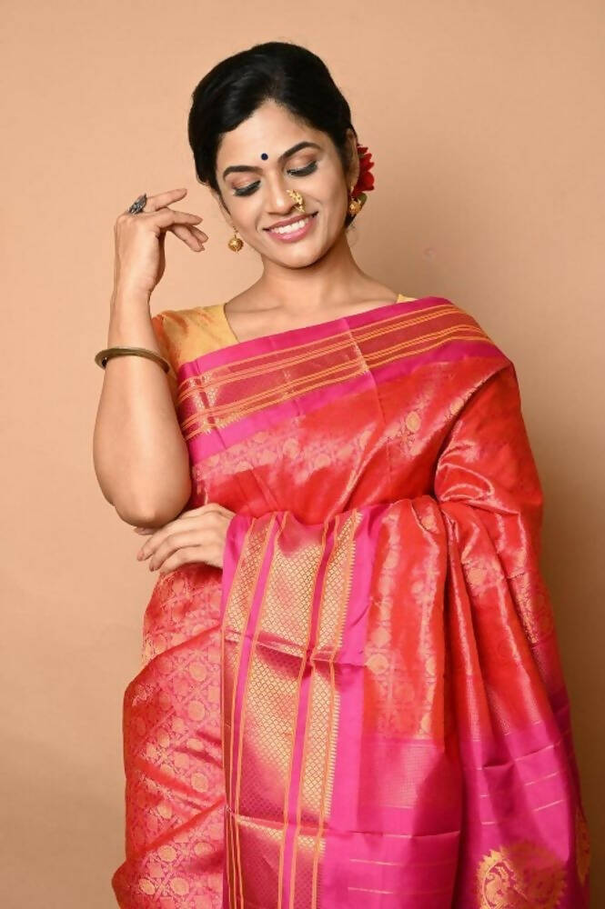 Very Much Indian Silk Handloom Maharani Paithani Complete Brocade Work Throughout Saree Peach Pink | Grocsy