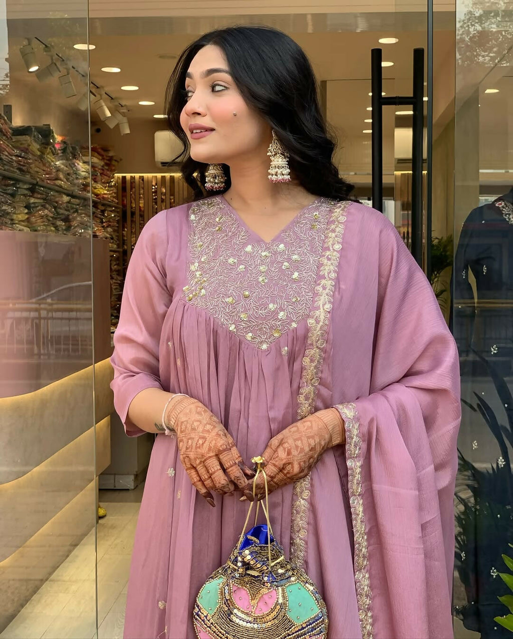 The52 Women's Beautiful Chinon Fabric Embroidery Work Flared Kurta Pant and Dupatta Set | Grocsy