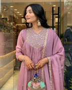 The52 Women's Beautiful Chinon Fabric Embroidery Work Flared Kurta Pant and Dupatta Set | Grocsy