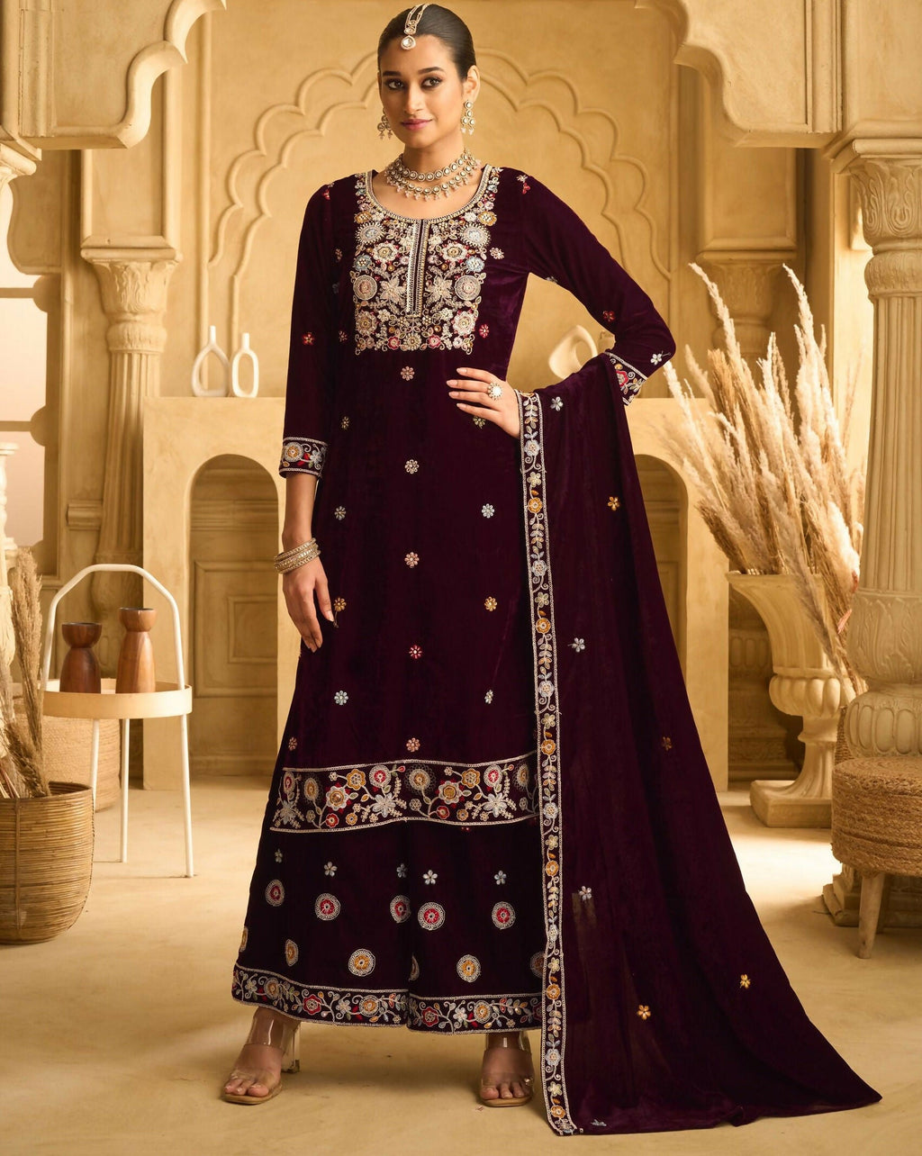 Anaita Maroon Embroidered Work Velvet Stitched Plazo Suit | Grocsy