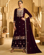 Anaita Maroon Embroidered Work Velvet Stitched Plazo Suit | Grocsy
