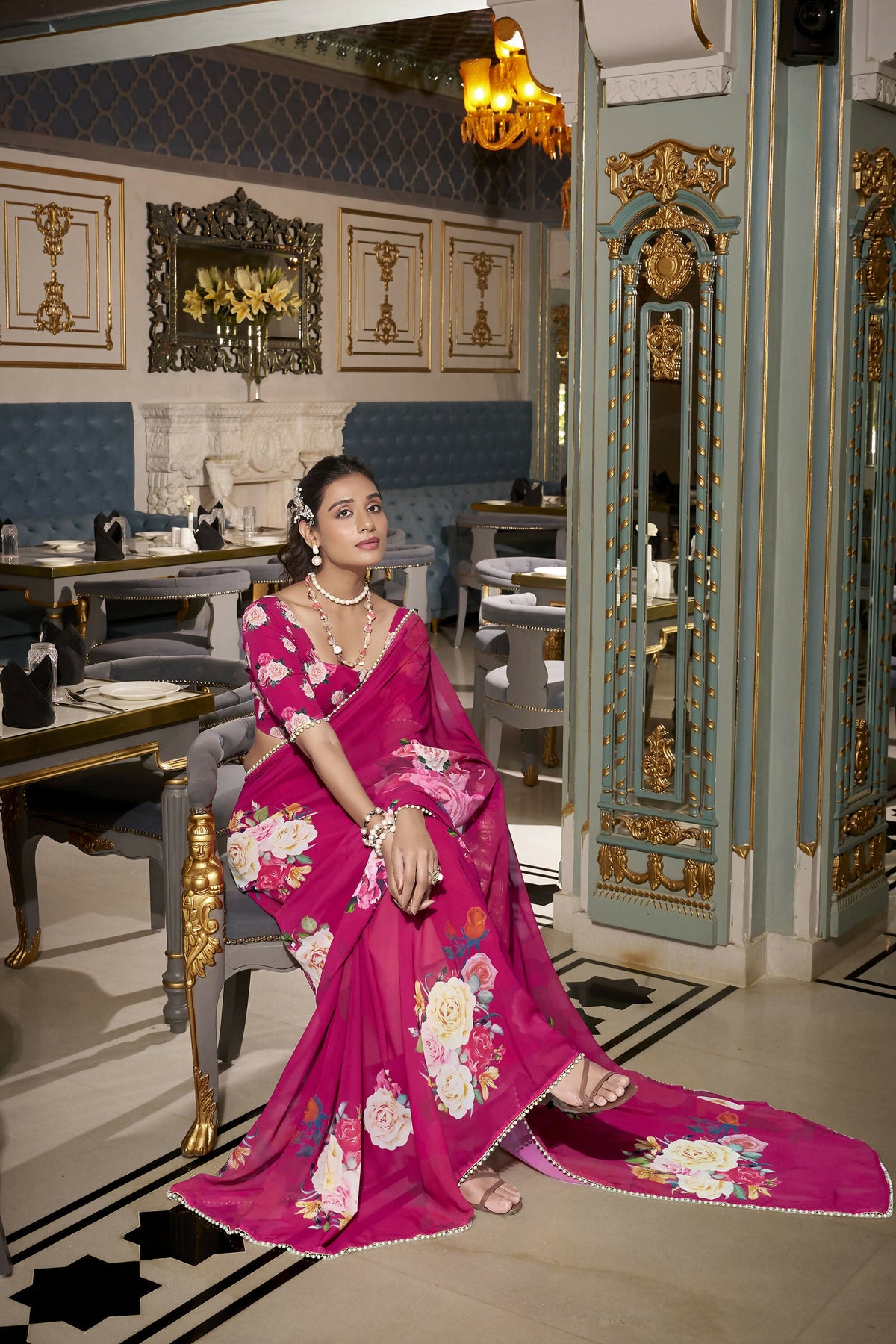 Vastranavya Pink Spectacular Georgette Printed with Pearl Lace Saree with Unstitched Blouse | Grocsy