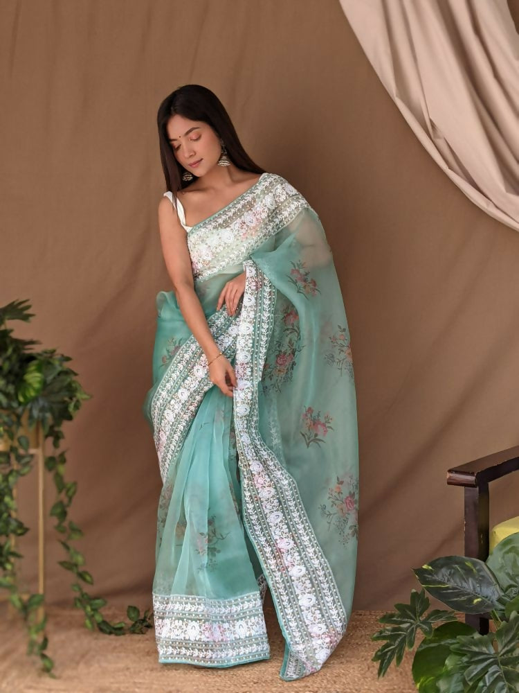 Vamsee White Border C-Green Organza Saree | Grocsy