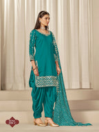 Anaita Turquoise Roman Silk Stitched Suit with Embroidery & Real Mirror Work | Grocsy