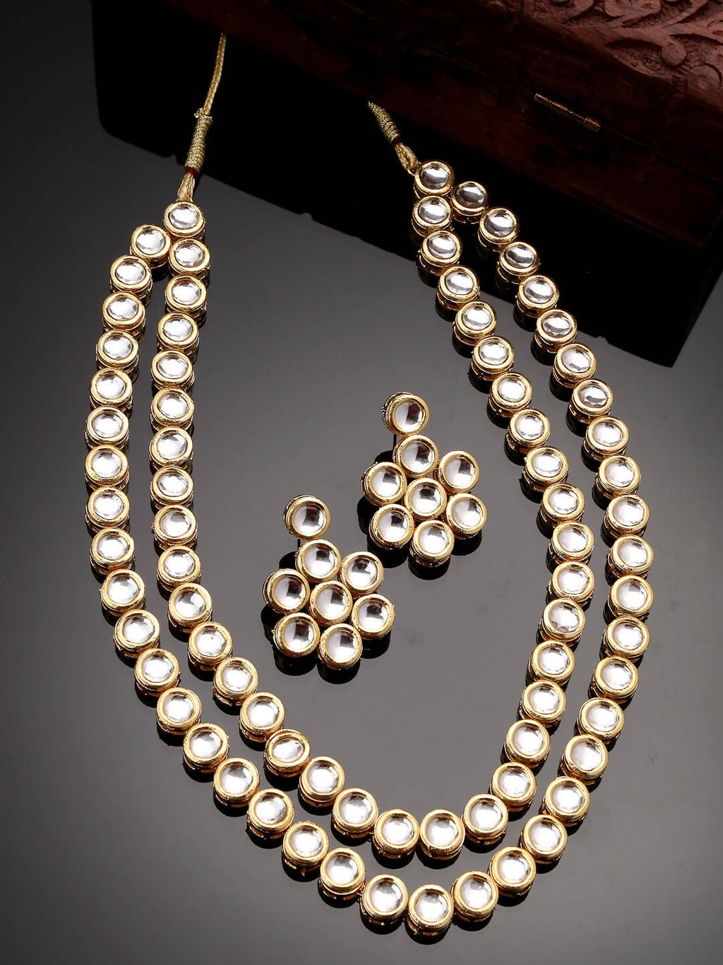 NVR Women's Gold-Polished Kundan 2 Layered Handcrafted Jewellery Sets With Drop Earrings | Grocsy