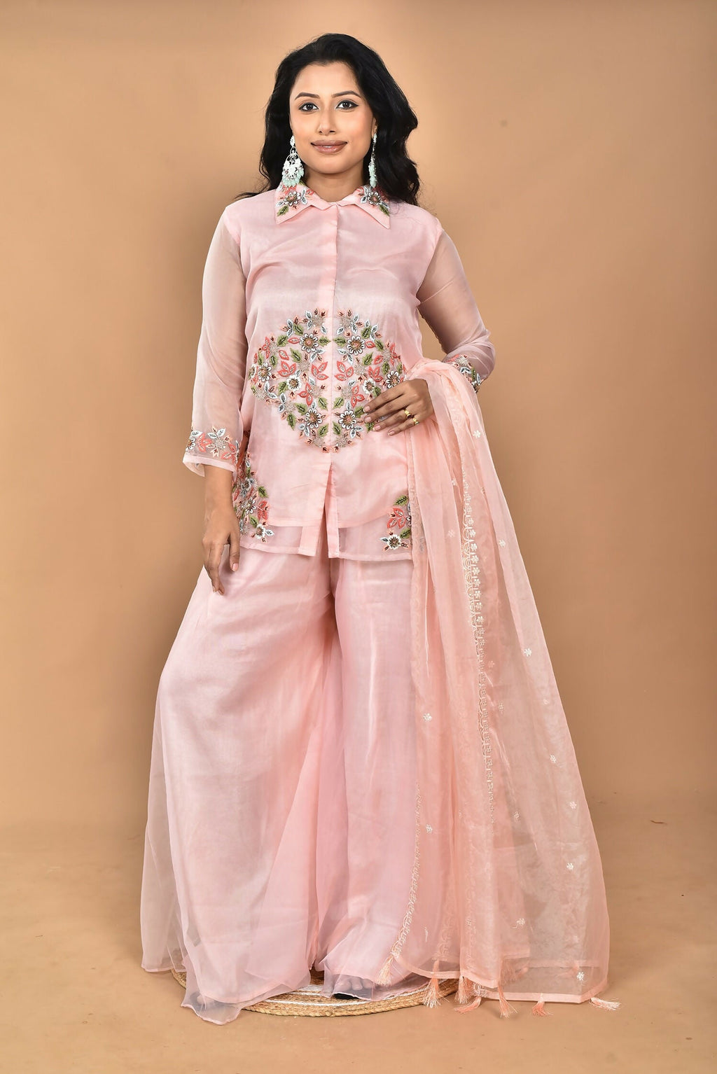 Morchari Women And Hand Embroidery Palazzo Set-Peach | Grocsy