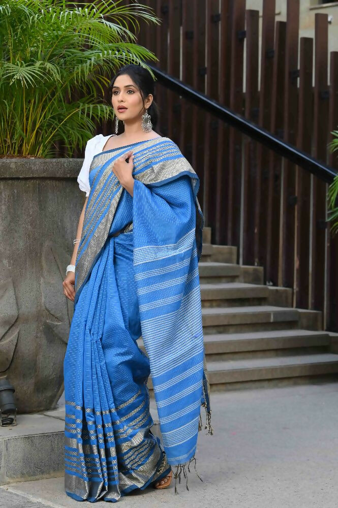 Beatitude Blue Cotton Handloom Saree | Grocsy