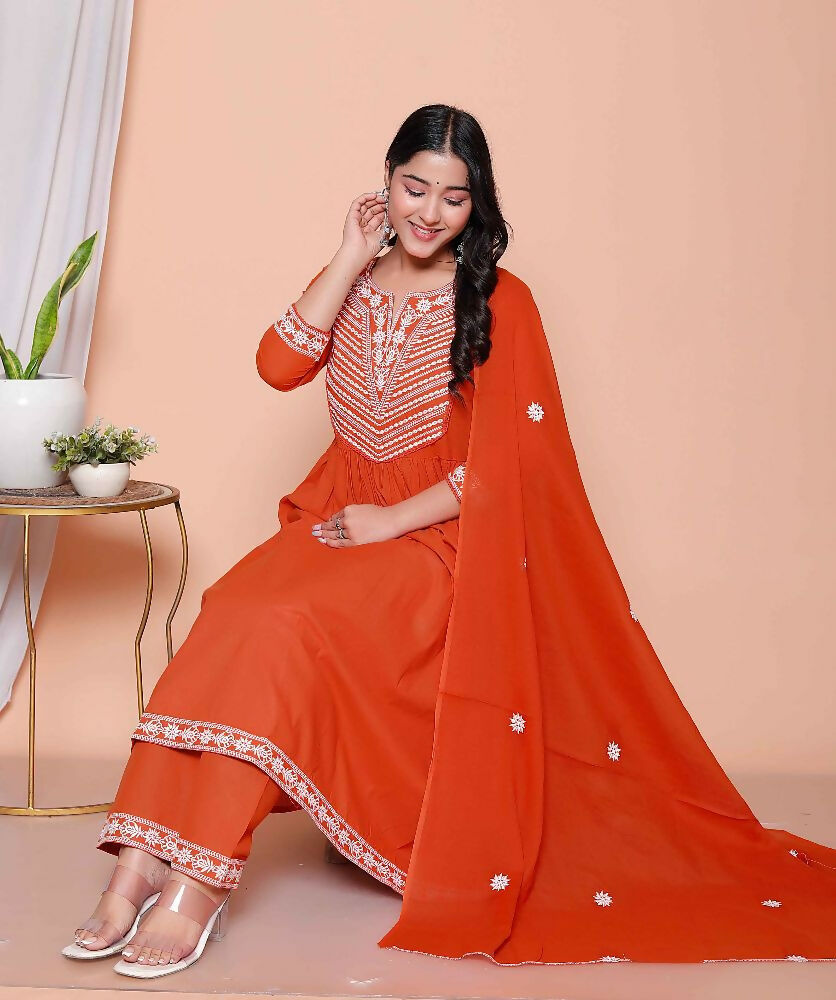 Miravan Womens Floral Embroidered Rust Straight Cotton Kurta & Palazzo With Dupatta Set | Grocsy