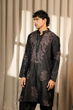 Black Greek Satin Designer Embroidery Work Kurta Set - Mahotsav | Grocsy