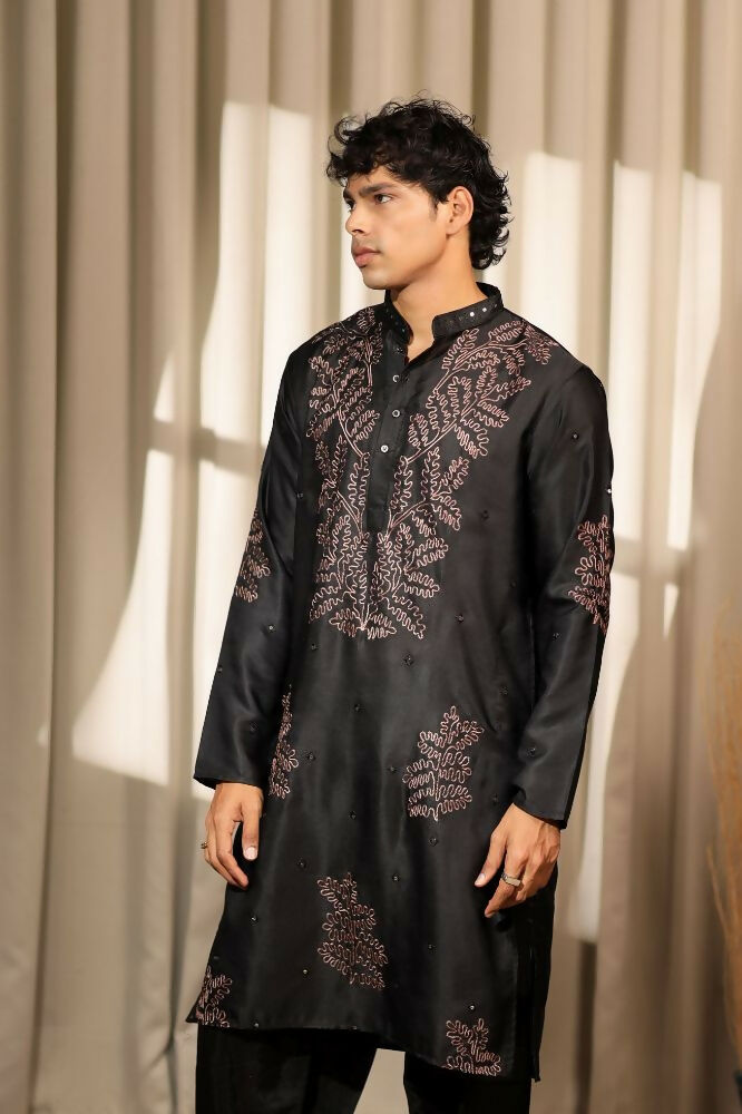 Black Greek Satin Designer Embroidery Work Kurta Set - Mahotsav | Grocsy