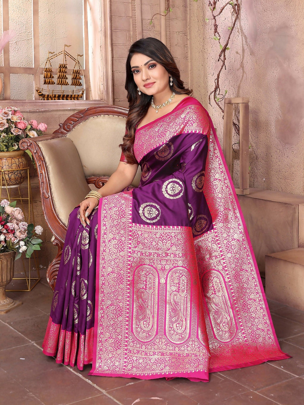 Joban Fashion Purple Banarasi Soft Silk Woven Saree | Grocsy
