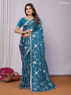 Blue Pure Satin Embroidered Saree With Stitched Blouse - Nimaya Kaksha | Grocsy