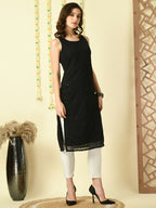 Myshka Women's Black Georgette Sleeveless Straight Party Kurta | Grocsy