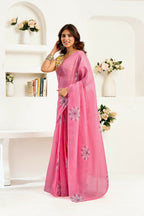Joban Fashion Baby Pink Geomatric Linen Ready To Wear Saree With Unstitched Blouse | Grocsy
