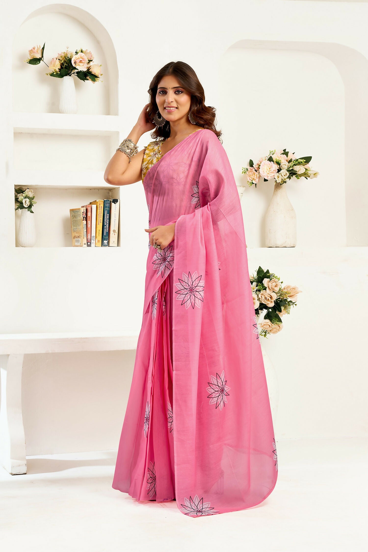 Joban Fashion Baby Pink Geomatric Linen Ready To Wear Saree With Unstitched Blouse | Grocsy