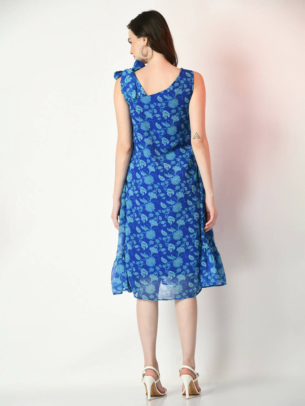 Myshka Women's Blue Fit and Flare Printed Dress | Grocsy