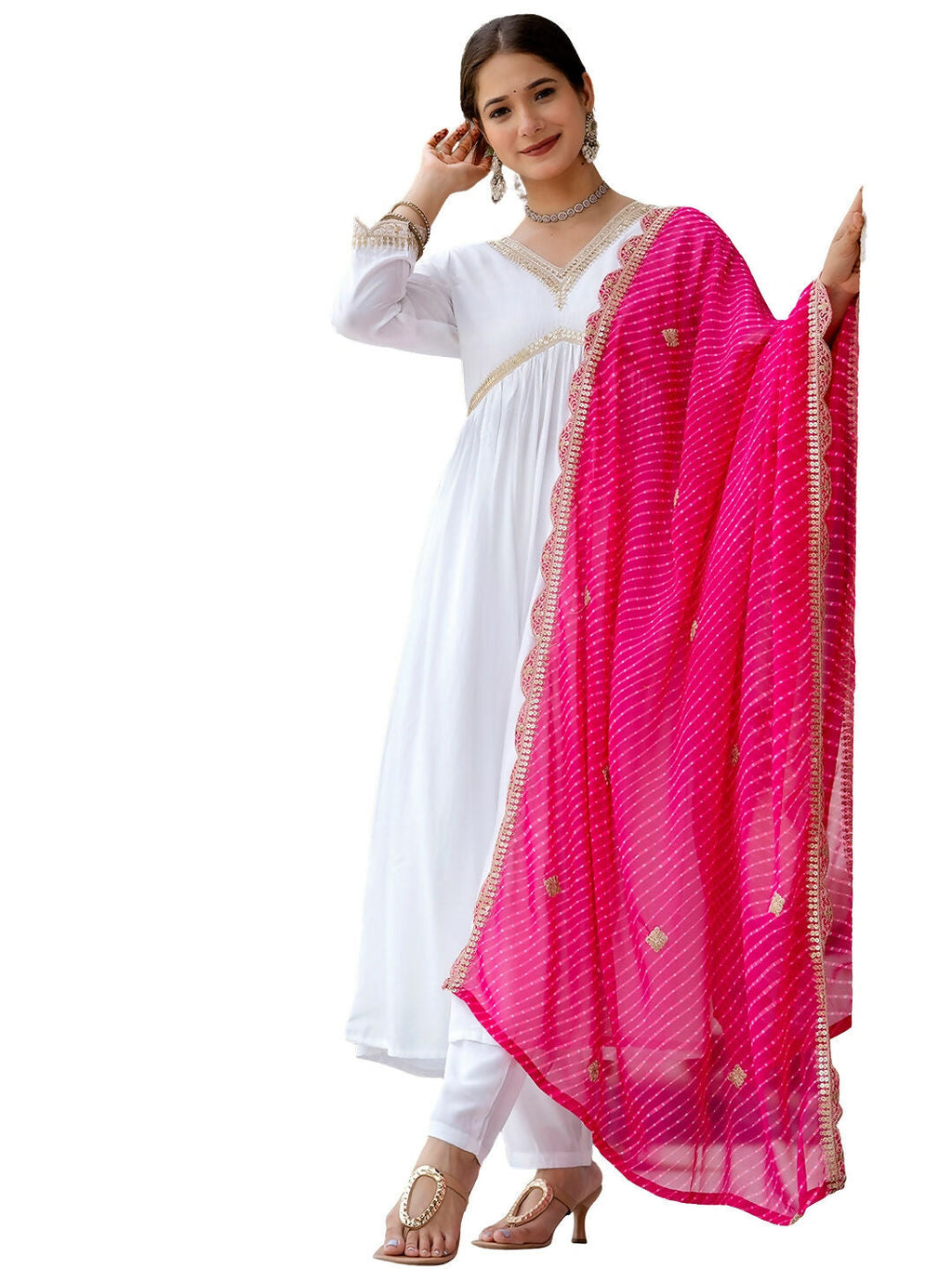 The52 White Women's Gorgeous Embroidered Chanderi Fabric Straight Kurta, Pant and Dupatta Set | Grocsy