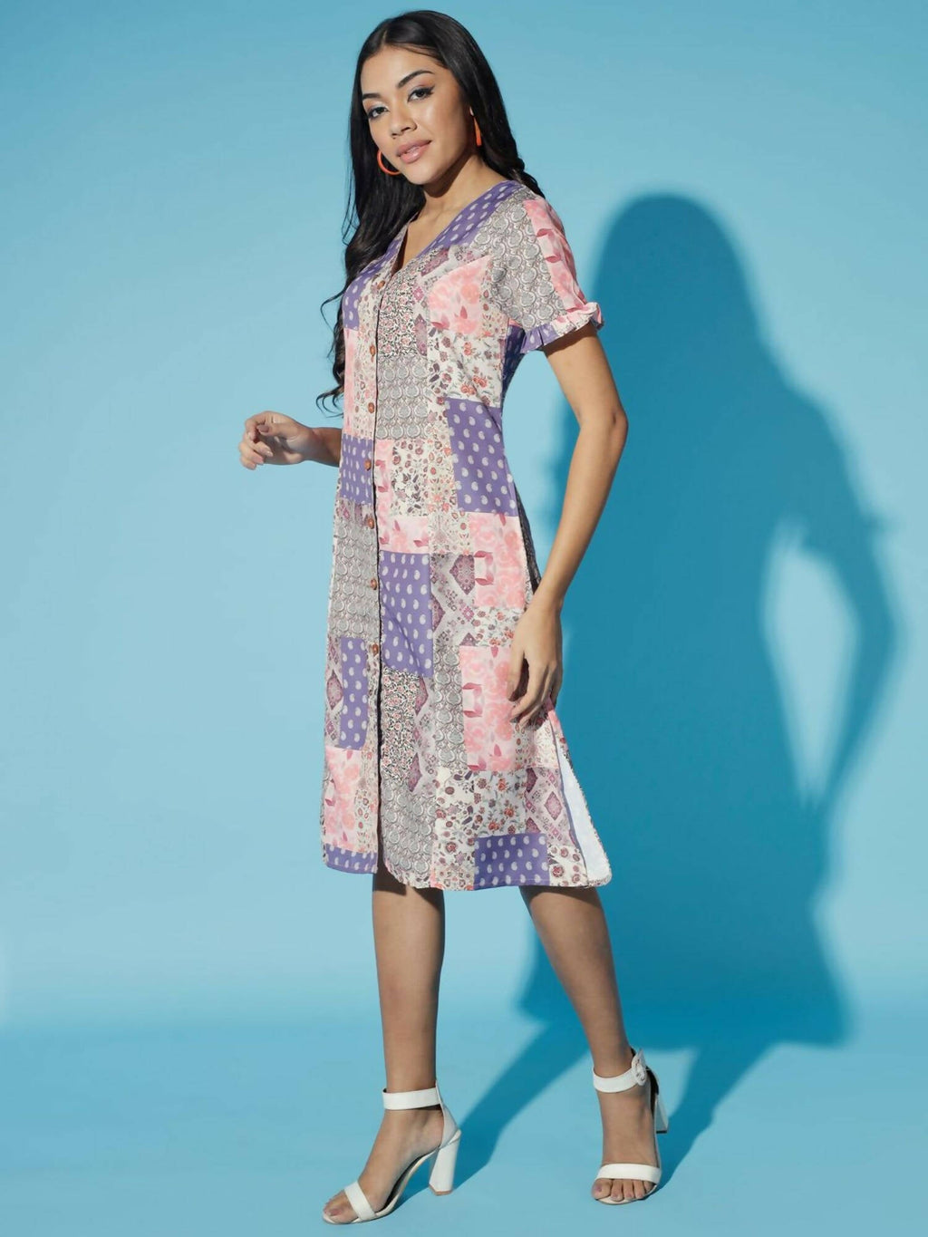 Myshka Women Multi-Geometric Rayon A-Line Round Neck Dress | Grocsy