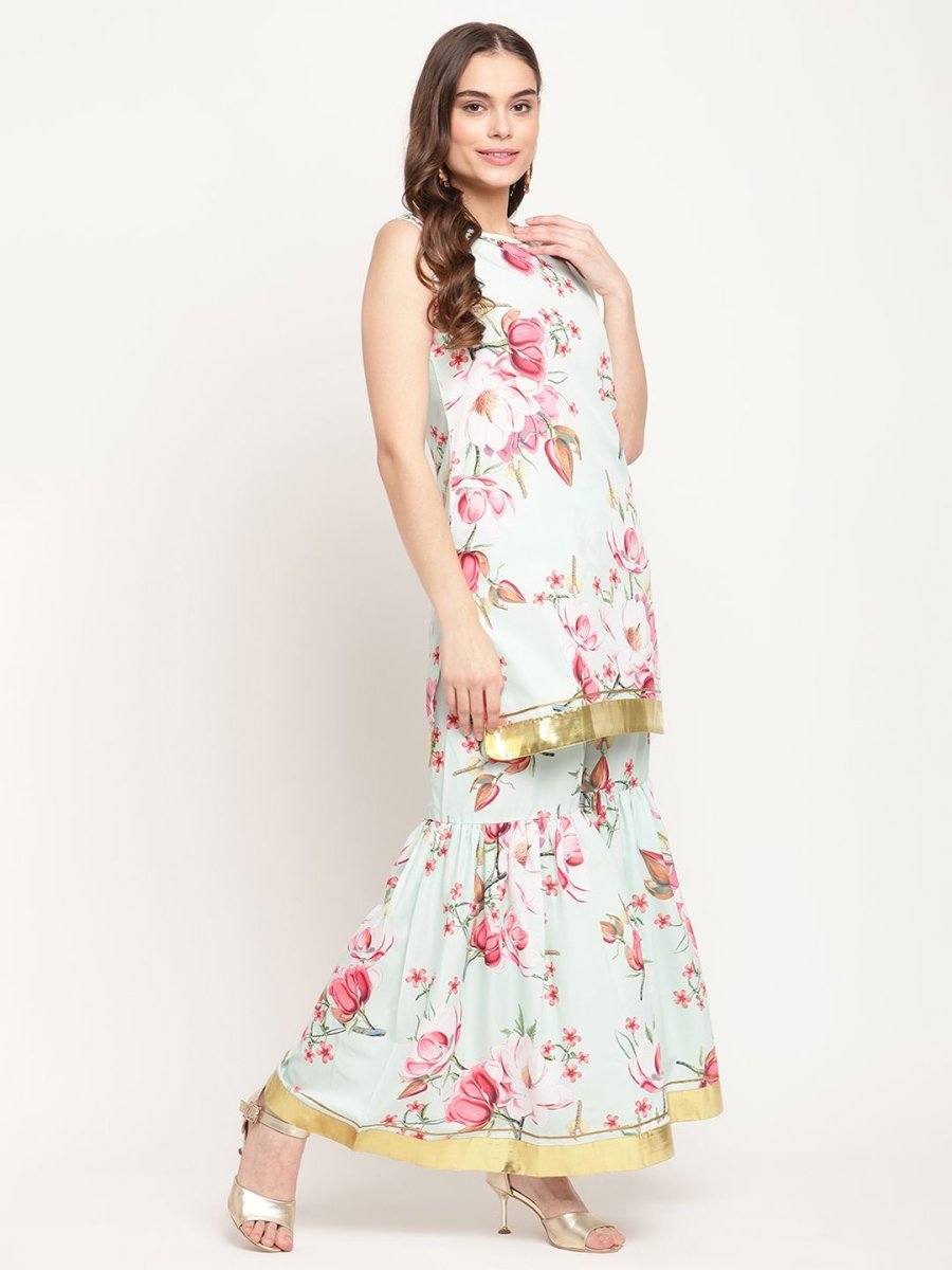 Ahalyaa Women's Mint Green Crepe Digital Floral Print Kurta Sharara Set with Dupatta | Grocsy