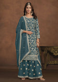 Faux Georgette Teal Blue Embroidered Festive Salwar Suit - Emponline | Grocsy